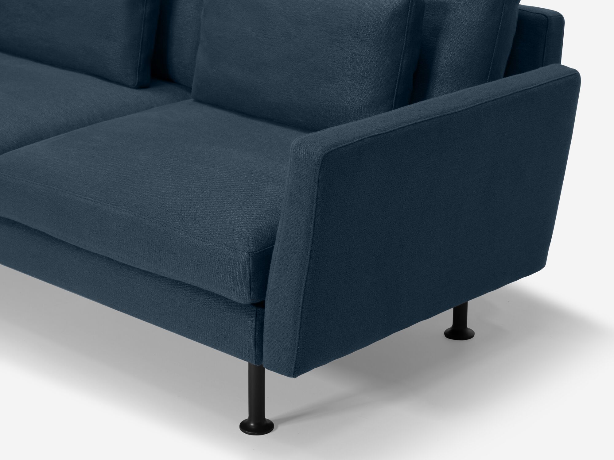 Leg detail view of blue modern sectional